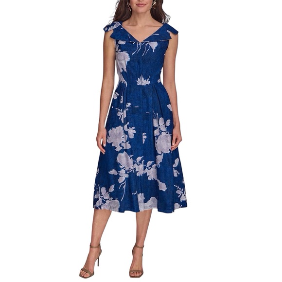 Donna Karan Dresses & Skirts - Donna Karan Floral Linen Blend Dress A Line Blue V Neck Button Front Size 2